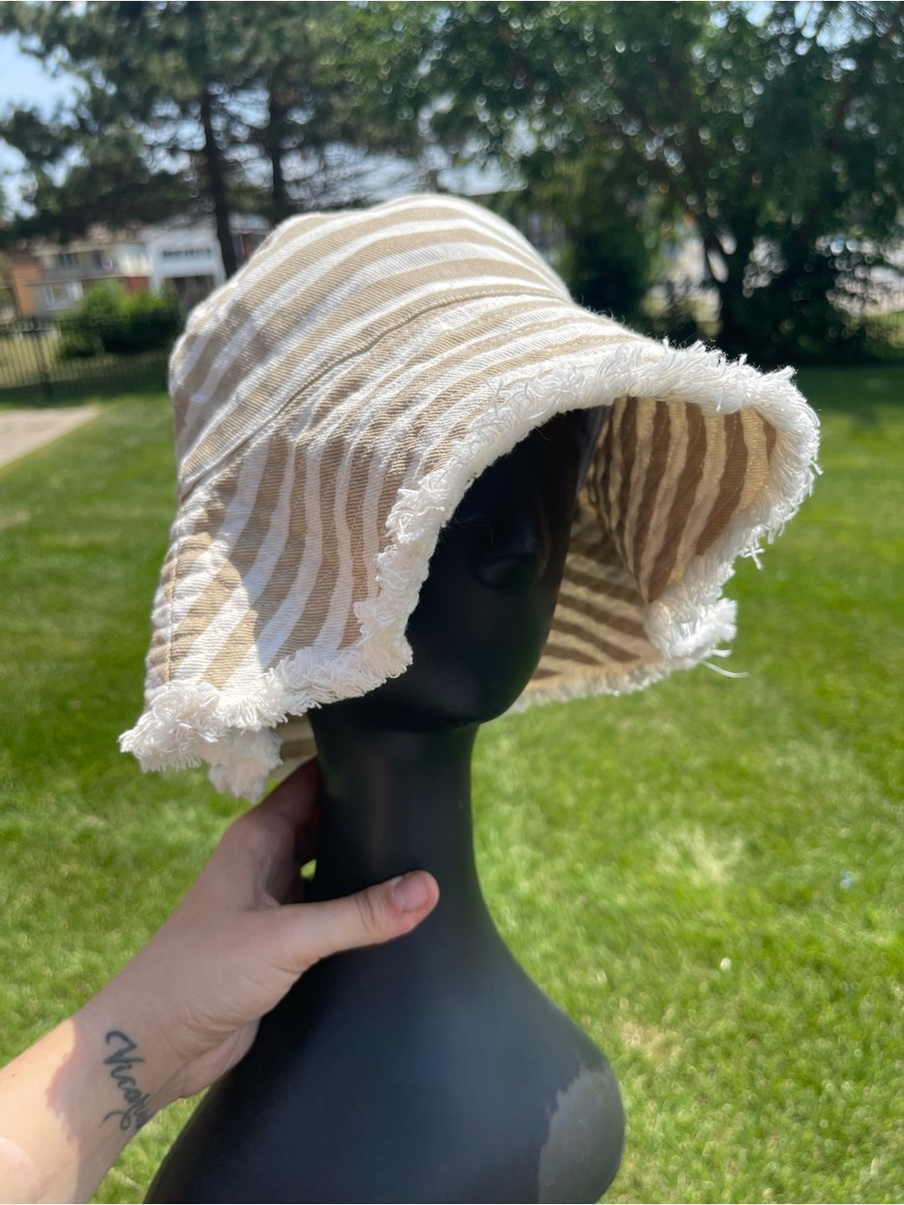Striped Beige and Cream Bucket Hat - Women